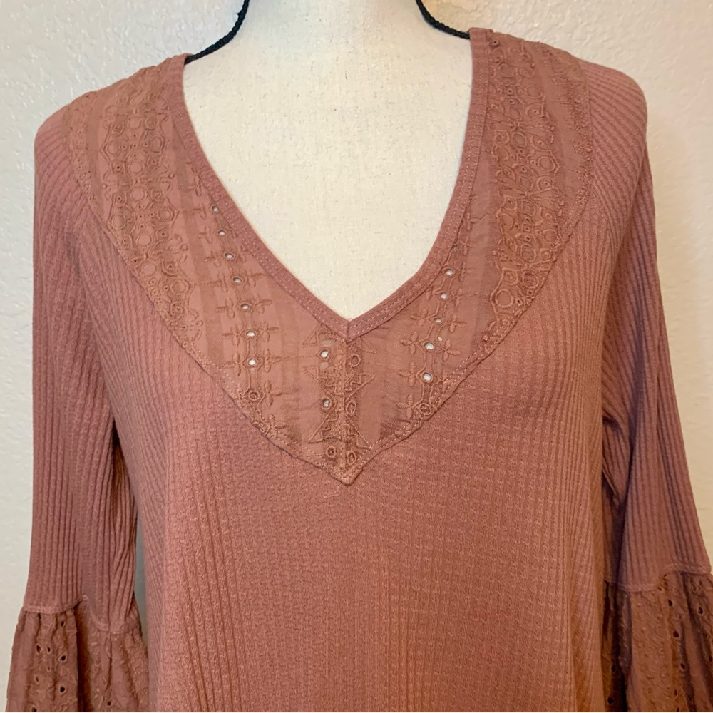 Free People Parisian Nights Long Bell Sleeve Eyelet Top Rose Brown Size Medium - Picture 4 of 15